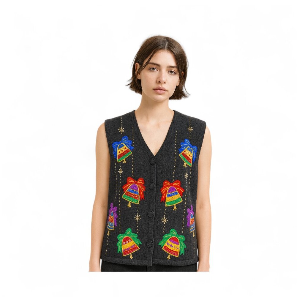 VTG Victoria Harbour Womens ‎ Christmas Sequin Beaded Holiday Sweater Vest Small